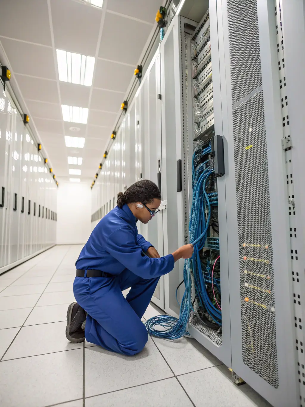 A network engineer configuring a server rack in a data center, showcasing PGL's proficiency in network infrastructure and management.