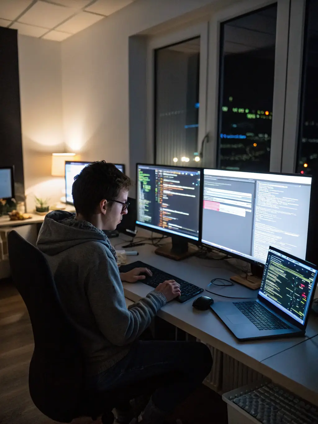 A high-angle shot of a software developer coding at a desk with multiple monitors displaying complex lines of code, reflecting PGL's expertise in software development.