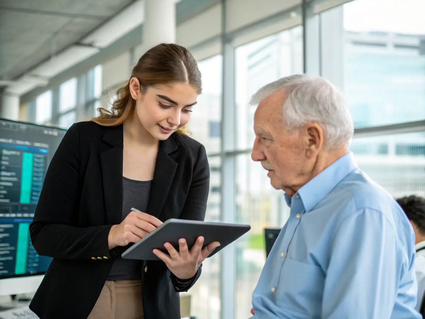 A professional IT consultant providing support and guidance to a client, highlighting PGL's commitment to excellent IT support services.