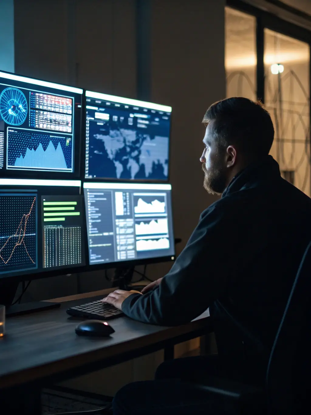A cybersecurity expert analyzing threat data on a computer screen, emphasizing PGL's commitment to protecting client data.
