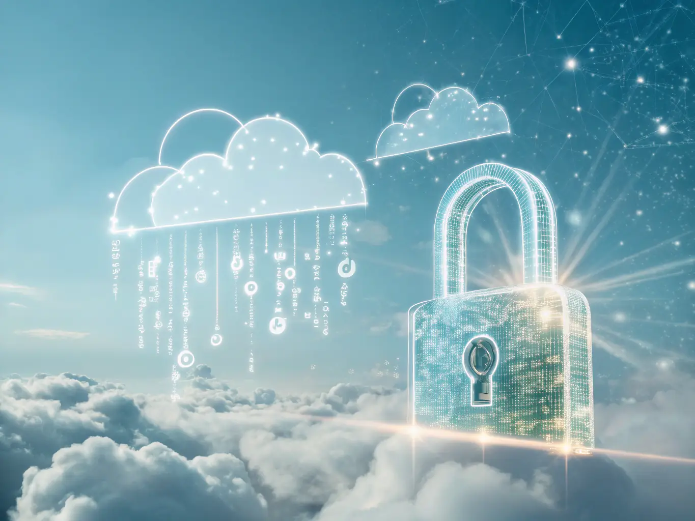 A secure cloud storage interface with data encryption and access control features, emphasizing data protection and accessibility.